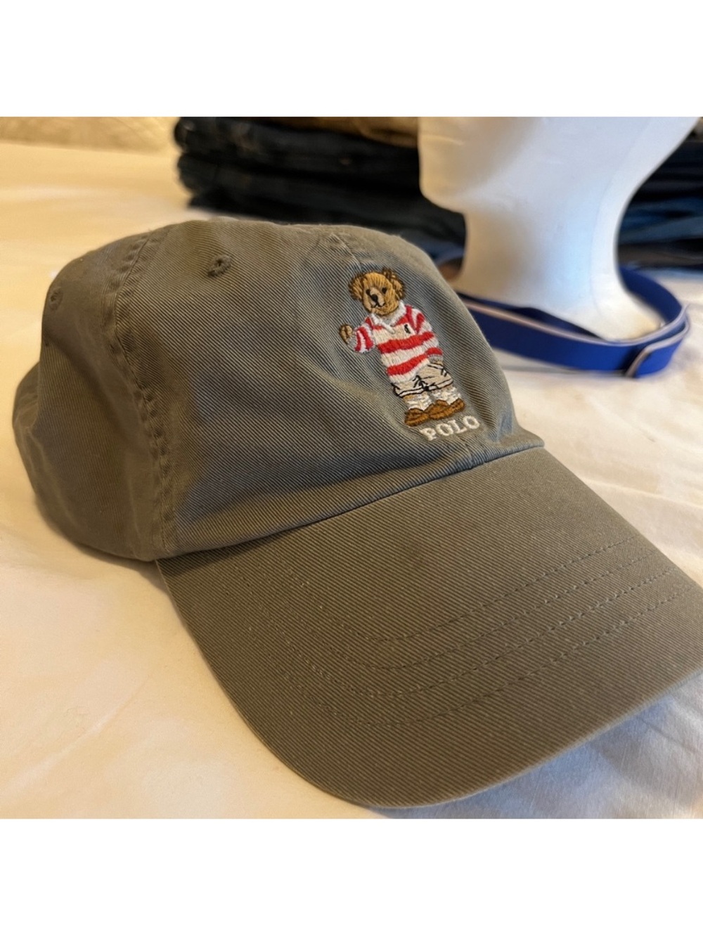 Polo by Ralph Lauren Olive Green Bear Baseball Cap with Red-White Striped Bear